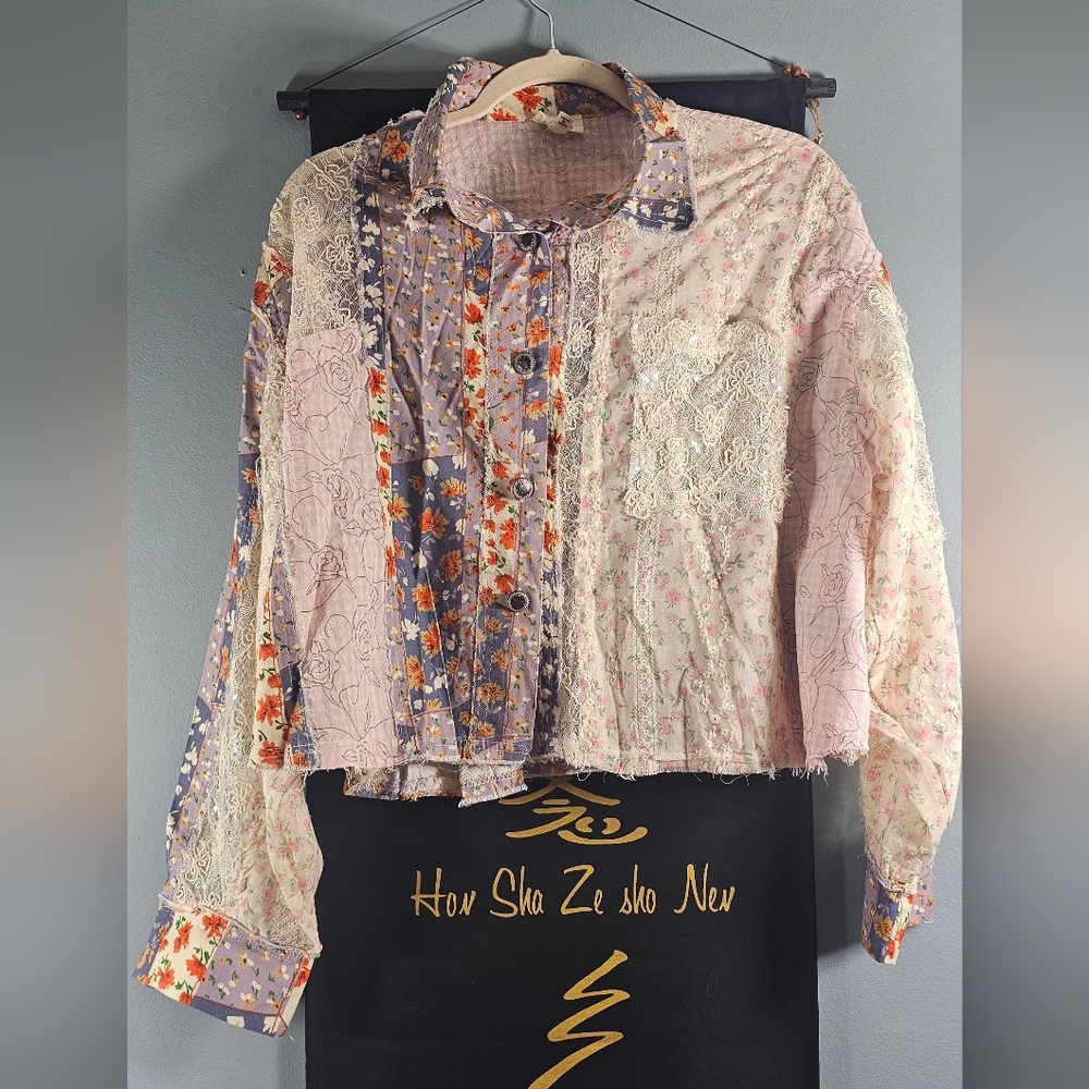 POL Lace Floral Patchwork Button-Up Shirt New Small